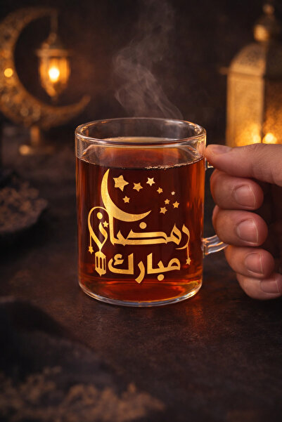 Alaa Butik Online Ramazan Temalı Altın Vinil Baskılı Şeffaf Cam Çay Kupası