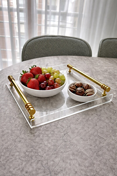 PLEKSİ ORGANİZER Şeffaf Pleksi Gold Kulplu Kare Sunum Tepsisi-25x25