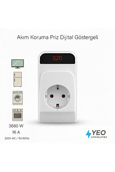 YEO AYDINLATMA Dijital Göstergeli Akım Koruma Prizi - 3680W 16A Voltaj Koruma...