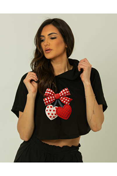 SUNFREE Trend Mix Mixed Printed Hooded Short Sleeve Women's Black Crop Tshirt