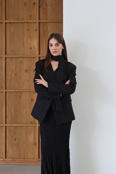 manana fashion Stylish Blazer Jacket with Black Scarf Detail