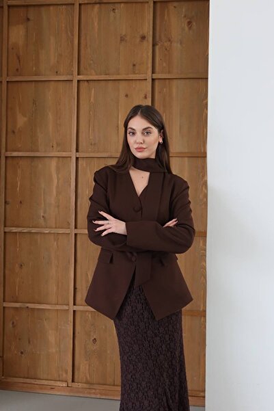 manana fashion Stylish Blazer Jacket with Brown Scarf Detail