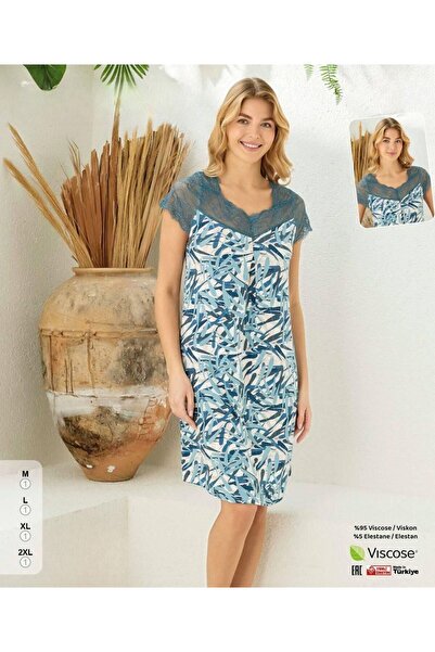 İpek Дамска мини нощница с къс ръкав, дантелени детайли и флорален мотив