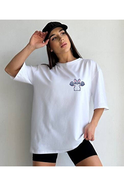 ASELİNDA Fitness Rabbit Printed Short Sleeve T-Shirt, Unisex Round Neck Casua...
