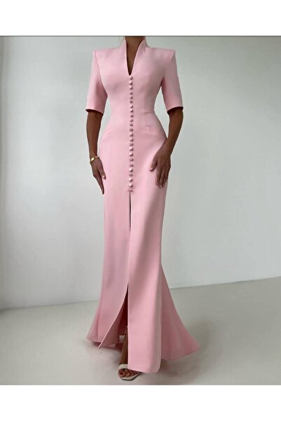 Julidress Set lung maxi premium, roz, căptușit, cu nasturi, decolteu în V și ...