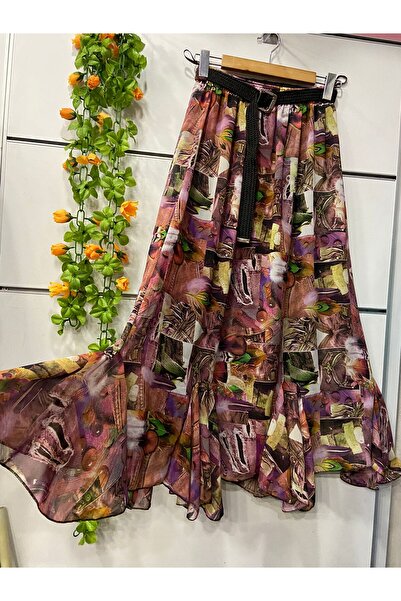 edu collection Patterned Chiffon Skirt with Flounce and Belt as a Gift