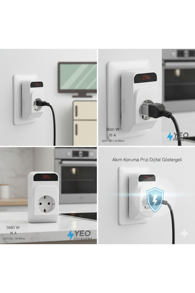 YEO AYDINLATMA Current Protection Socket with Digital Display - 3680W 16A Voltage Protected Socket