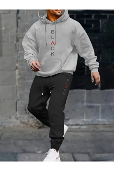 YK WEAR SET TRENING CU GLUGĂ CU IMPRIMEU NEGRU PENTRU FEMEI / BĂRBAȚI