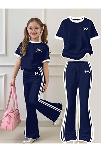 Keywest Children's Bowknot Printed T-Shirt with Stripes and Spanish Flared Pa...