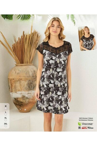 İpek Women's Short Sleeve Lace Detailed Floral Pattern Mini Length Nightgown