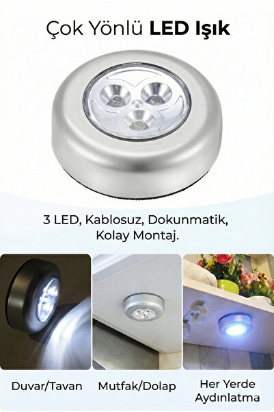 BEYZANA Kablosuz Dolap Spot Lamba Dokunmatik Pilli LED Lamba 3 Ledli Dolap Mu...