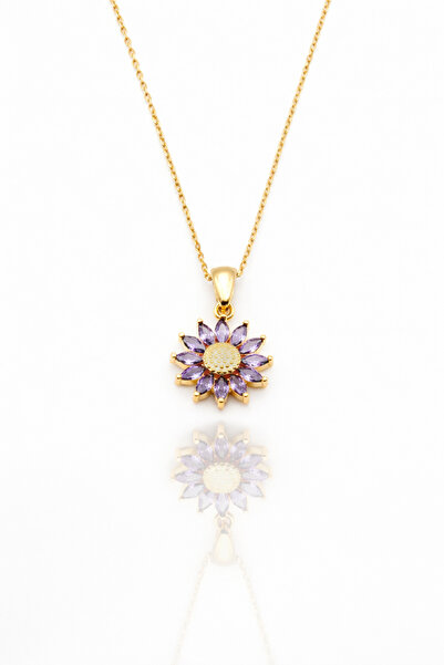 ÇEKİRDEK JEWELRY 925 Ayar Gümüş Ayçiçeği Kolye Mor Taşlı Altın Kaplama Şık Ka...