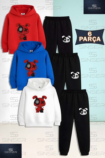 SS SİNSER Children's Unisex Bear Patched Red and Black 3-Piece Hooded Tracksu...