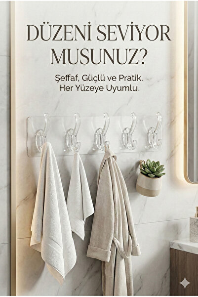 BEYZANA Kendinden Yapışkanlı Güçlü 5 Li Şeffaf Askılık-banyo-mutfak-kapı Arkası
