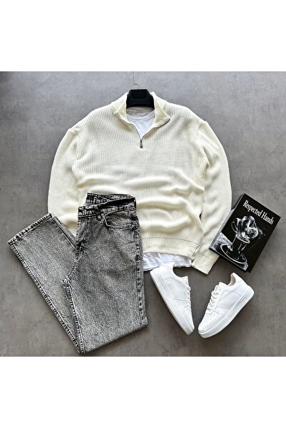 tetramoda سترة تريكو سيلانيك ذات ياقة مستقيمة ونصف سحاب وبنطلون جينز فضفاض، ط...