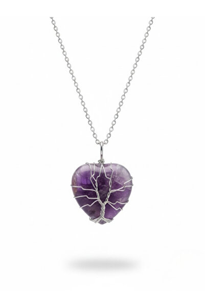 Leerybee Tree of Life Detailed Heart Cut Natural Stone Steel Necklace