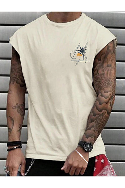 SUNFREE Geometric Palm Tree Printed Men's Zero Sleeve Sportswear Oversized T-...