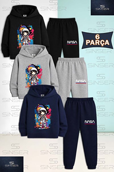 SS SİNSER Children's Unisex Astronaut Girl Colorful Canvas 3-Piece Hooded Tra...