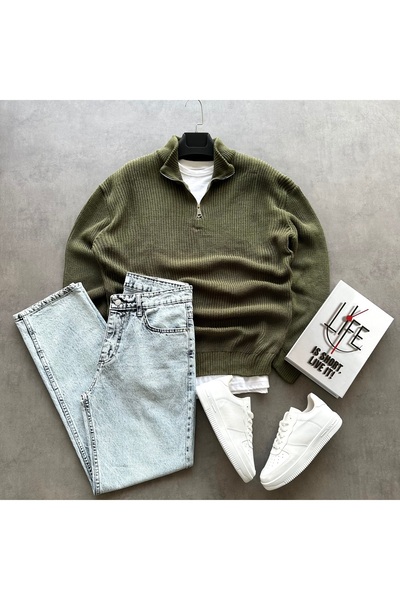 tetramoda Selanik Plain Knitted High-Neck Half-Zip Knitwear Sweater and Baggy...