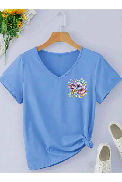 SUNFREE Pastel Flower Printed V-Neck Short Sleeve Combed Cotton Women's Tshirt