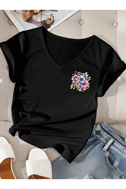 SUNFREE Pastel Flower Printed V-Neck Short Sleeve Combed Cotton Women's Tshirt