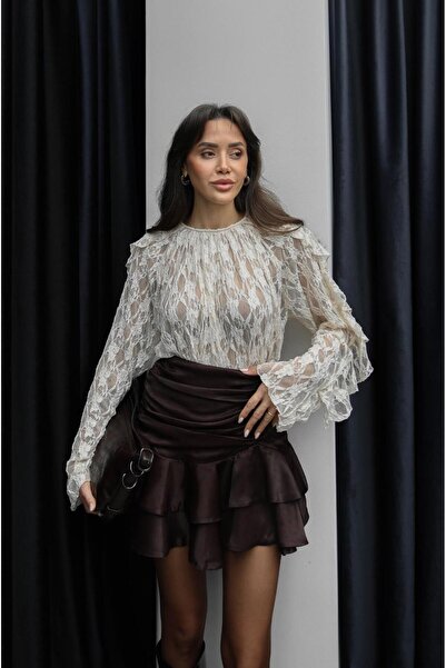 Havoş Bluză din dantelă ecru cu detaliu fereastră la spate