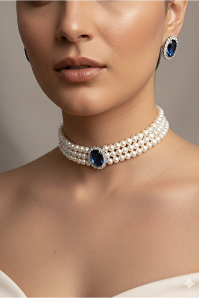 Happyline Lacivert Oval Taşlı Cam İncili Choker Kolye, Tasma Kolye, Gümüş Kap...