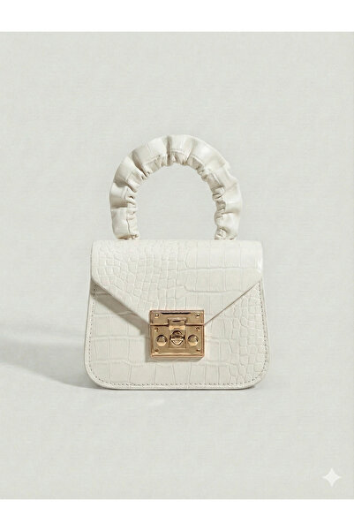 Çanta Trend - Crocodile Patterned Mini Leather Bag with Drawstring Handle