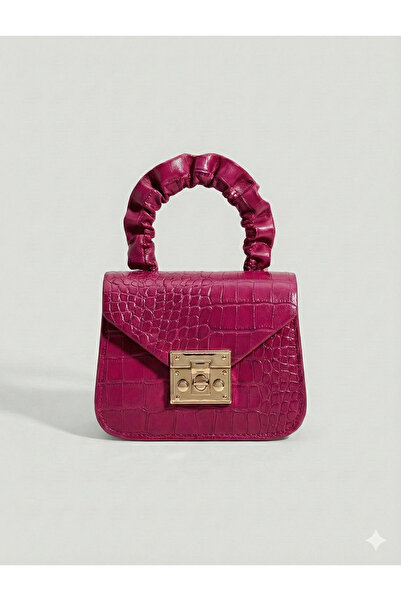 Çanta Trend - Crocodile Patterned Mini Leather Bag with Drawstring Handle