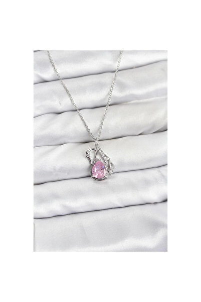 Erbilden Erb 316L Çelik Zincir Gümüş Renk Pembe Kuğu Model Zirkon Taşlı Kadın...
