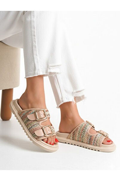 DUDYEN SHOES Πολύχρωμες ψάθινες γυναικείες παντόφλες με διπλή πόρπη