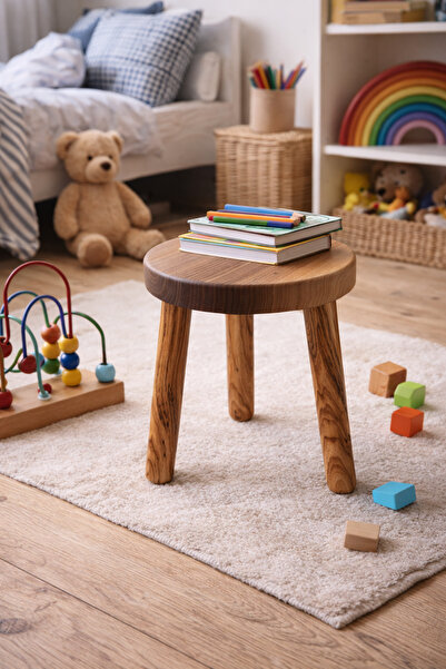 Carveni Masif Ahşap Çocuk Taburesi – Ceviz Üst Tabla, Kestane Ayaklı, Demonte...