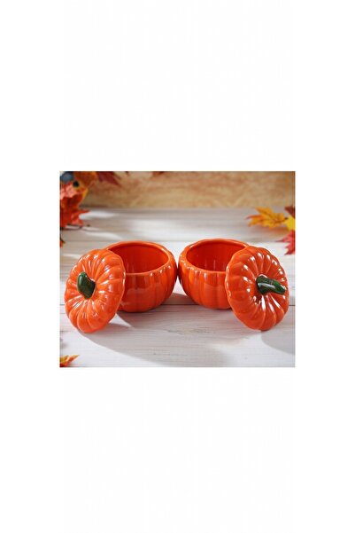 Velorahomee 2'li Kapaklı Balkabağı Seramik Kase Seti Turuncu