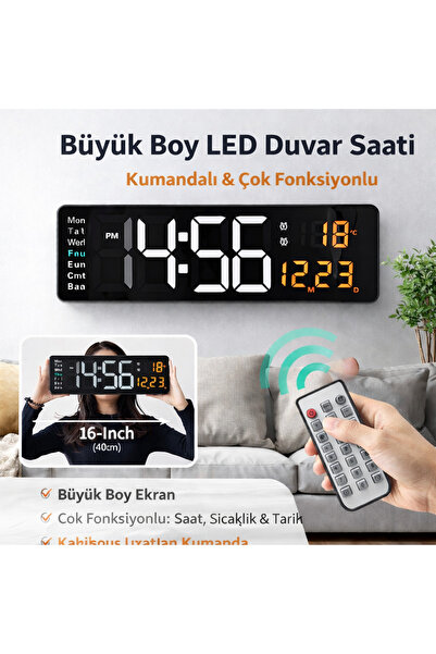 DUHALINE Modern LED Büyük Boy Dijital Duvar Saati Kumandalı Sıcaklık ve Tarih...