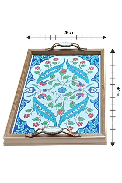 Haslar vintage Ahşap Çerçeveli El Yapımı Çinili Tepsi 25x40 cm | Gıdaya Uygun...