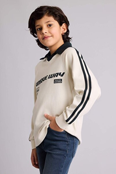 DeFacto Tricou polo cu mânecă lungă, cu imprimeu cu slogan, cu guler apas, cr...