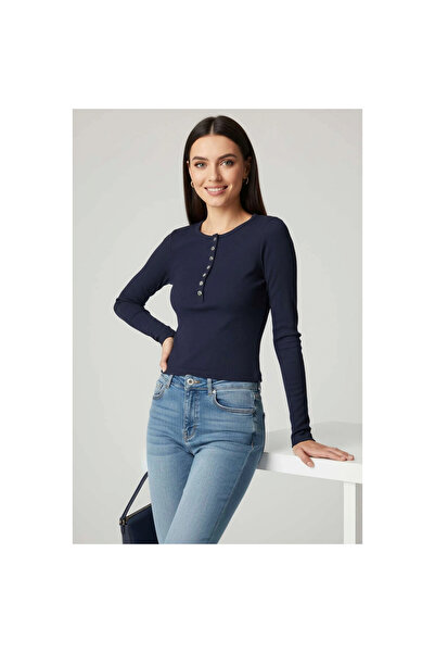 ZENGEZUR MALL Μπλούζα με κουμπωτά λεπτομέρειες Navy Blue T4343