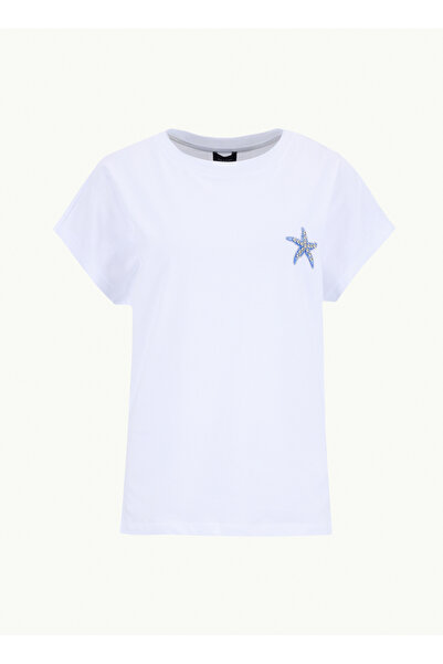 Fabrika Bisiklet Yaka Nakışlı Beyaz Kadın T-Shirt F6SL-TST0275