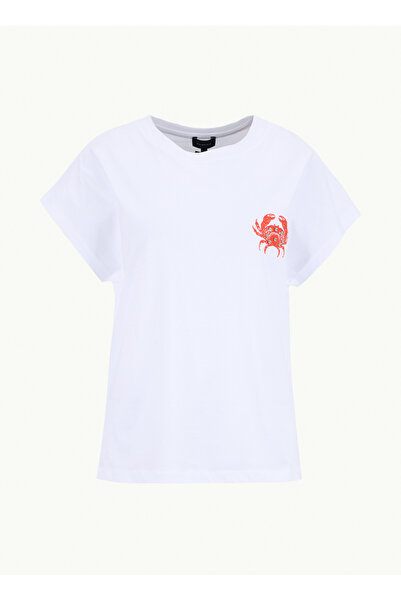 Fabrika Bisiklet Yaka Nakışlı Beyaz Kadın T-Shirt F6SL-TST0278