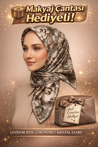Levidor 90X90 Silk-Look Grey - Brown Colored Crystal Scarf - Non-Slip Twill S...