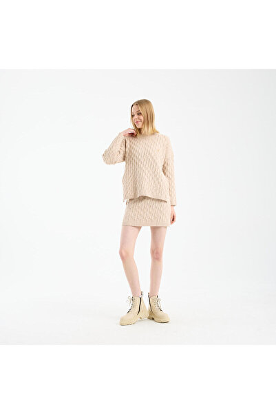 SAVE THE DUCK Kadın Açık Bej Dokulu Triko Etek