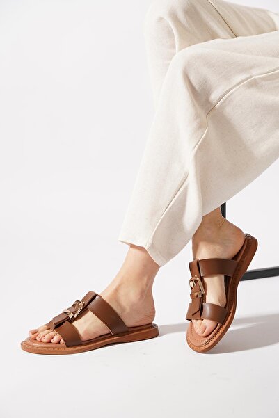 Moda Pie Metener Orta Direkli Tokalı Kadın Terlik Taba Cilt