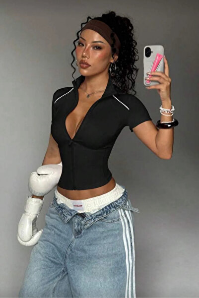 Gofeel Y2K Fermuarlı V Yaka Crop Tişört