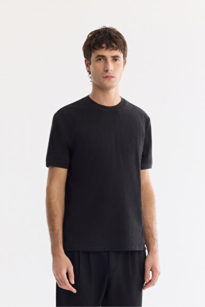 Avva Men's Black Crew Neck Jacquard T-Shirt A61Y1023