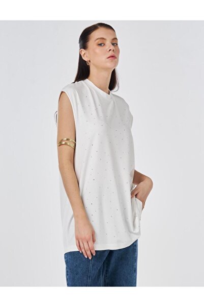 Kayra Hotfix Printed Sleeveless Viscose Blouse Ecru