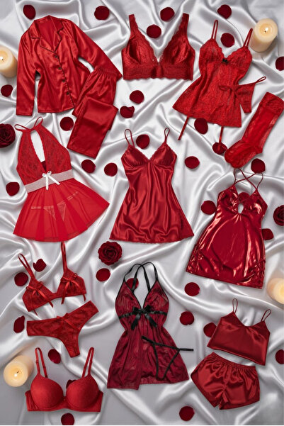 ZENCHES Kadın Kırmızı Kutulu Saten,Deri ve Tül 17 Parça Çeyizlik Takım Pijama...