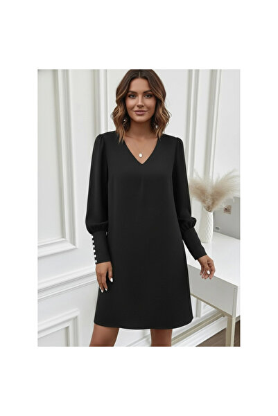 Generic Brand Women's Long Sleeve V-Neck Short Imported Crepe Dress