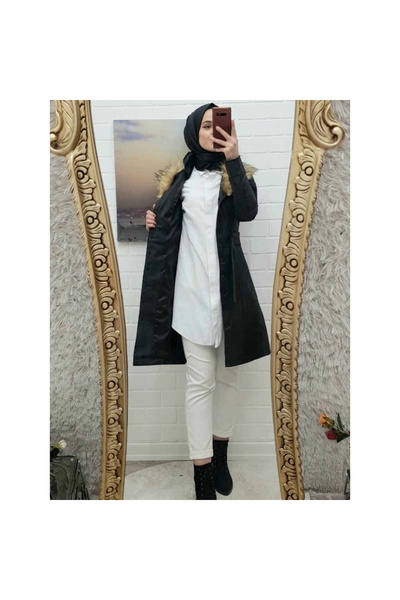 Genel Markalar Çıkma Kürklü Deri Mont -Siyah