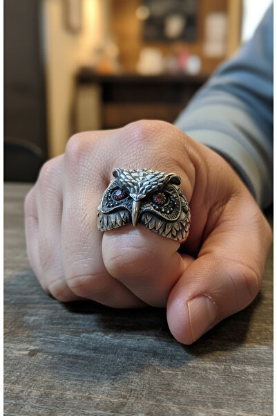 AKIN GÜMÜŞ Baykuş Figürlü 925 Ayar Gümüş Kırmızı Zirkon Taşlı Kadın Yüzük | Z...