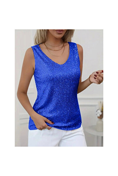 MissRunin بلوزة بدون أكمام مطرزة بالترتر - أزرق بلون الكوبالت